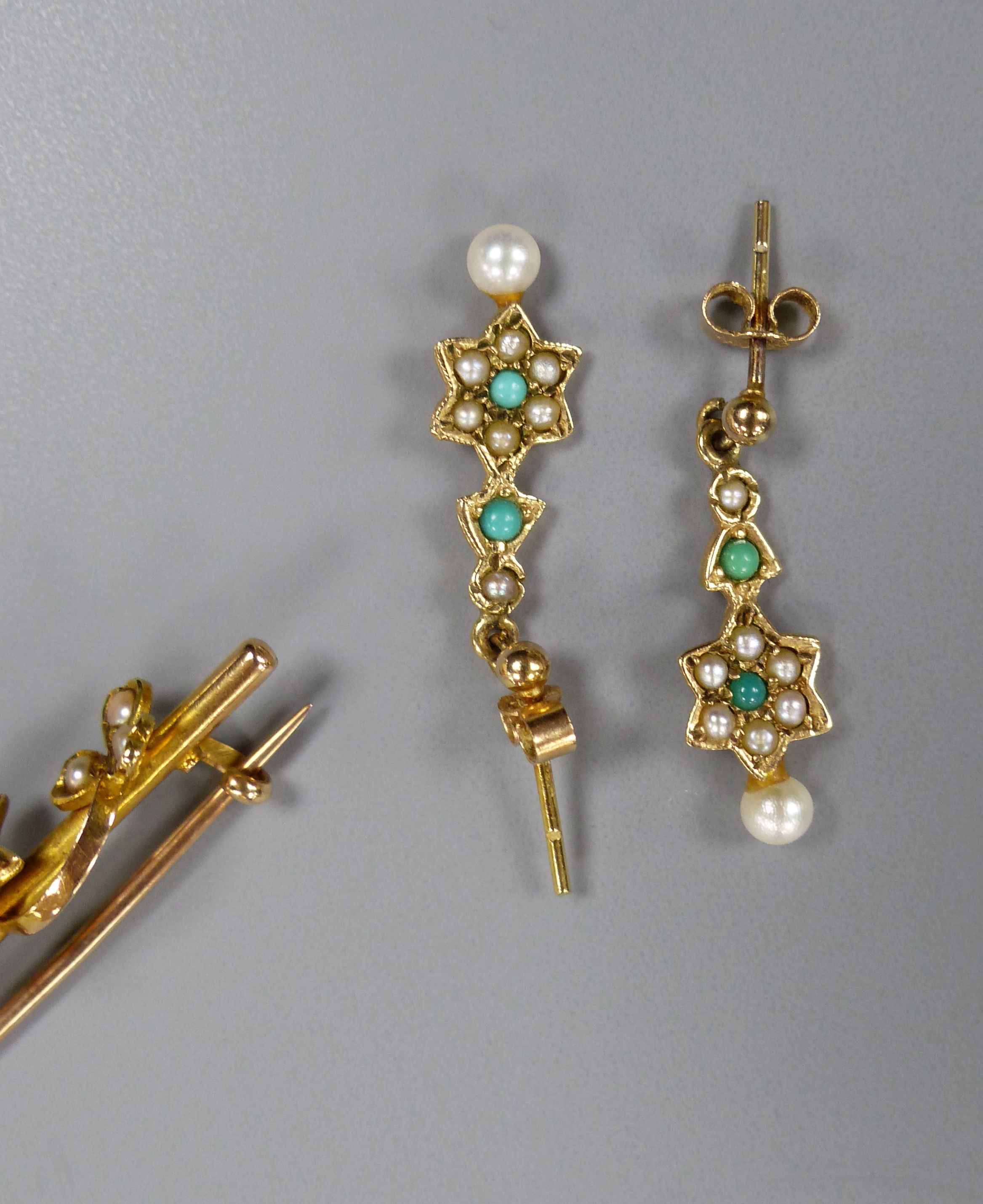 A pair of 9ct gold seed pearl and turquoise set earrings and three other items,
